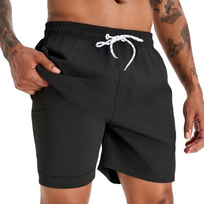 zeetoo Mens Swim Trunks with Compression Liner 5.5" Inseam Shorts Bathing Suit Quick Dry Swimsuit Black M