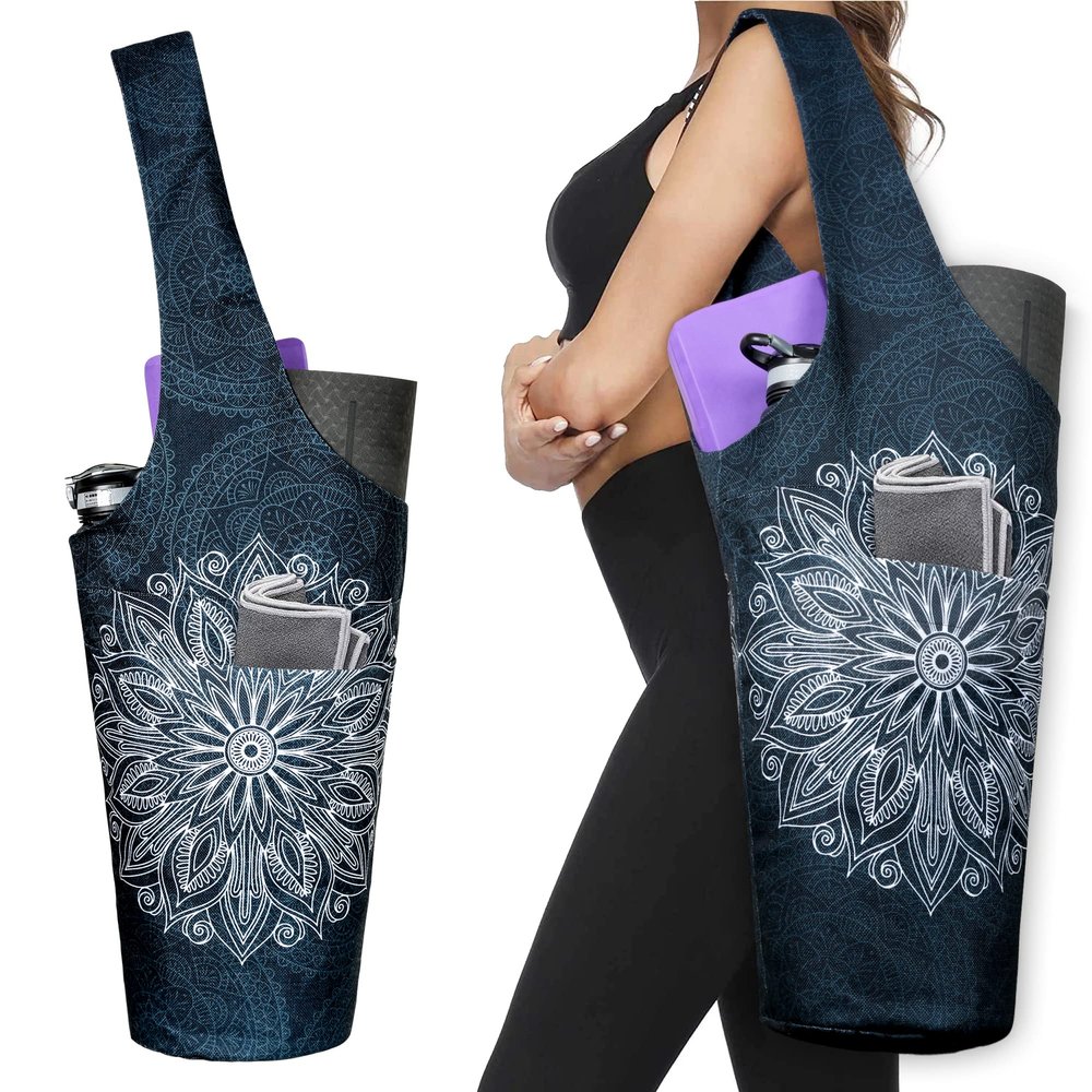 Yoga Mat Bag - Long Tote with Pockets - Holds More Yoga Accessories Carrier- Bag Fit Most Size Mats - Mandala Black