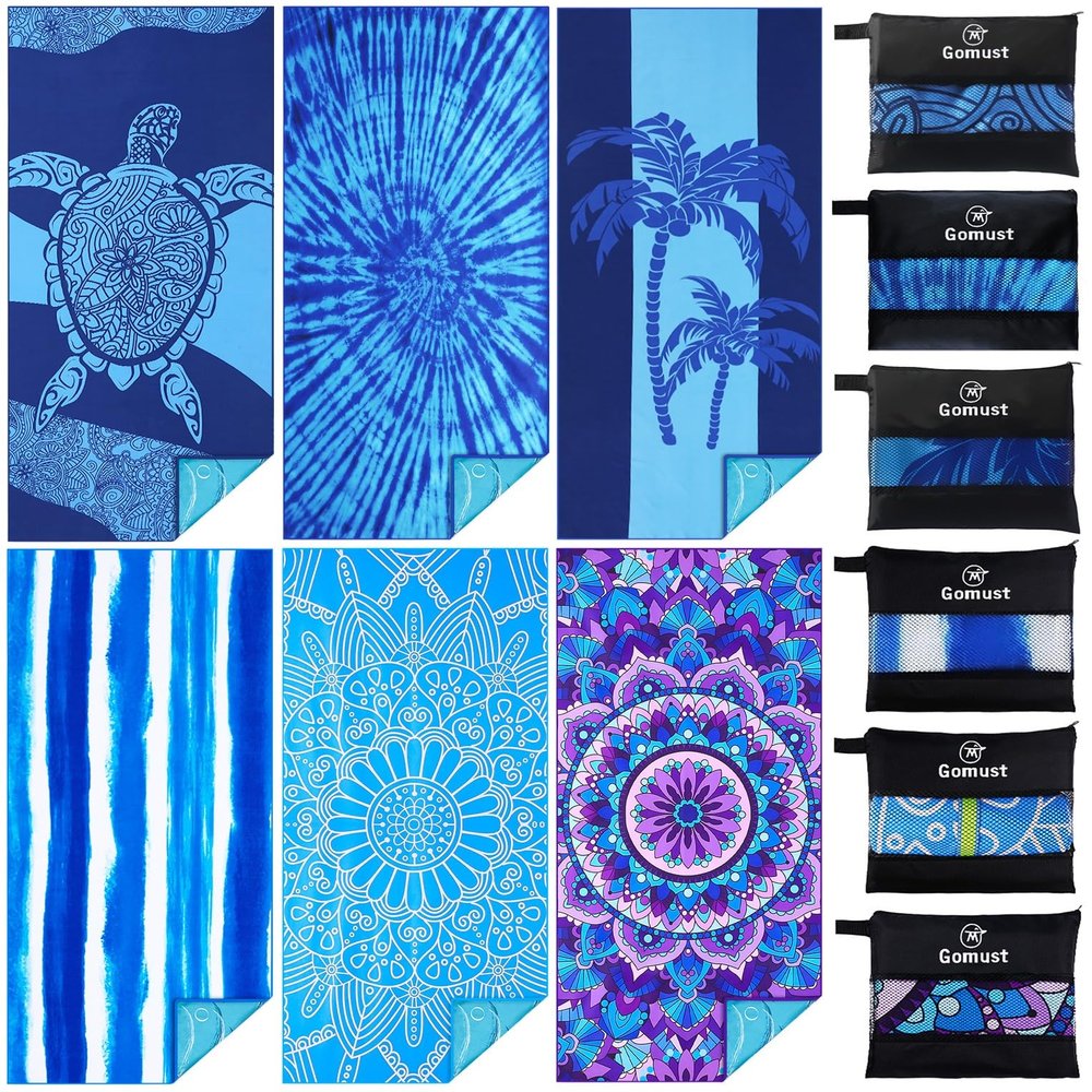 6 Pack Lightweight Thin Beach Towel Oversized 71"x32" Big Extra Large Microfiber Sand Free Towels for Adult Quick Dry Travel Camping Beach Accessories Gift Turtles Tie Dye Coconut Tree Mandala Stripe