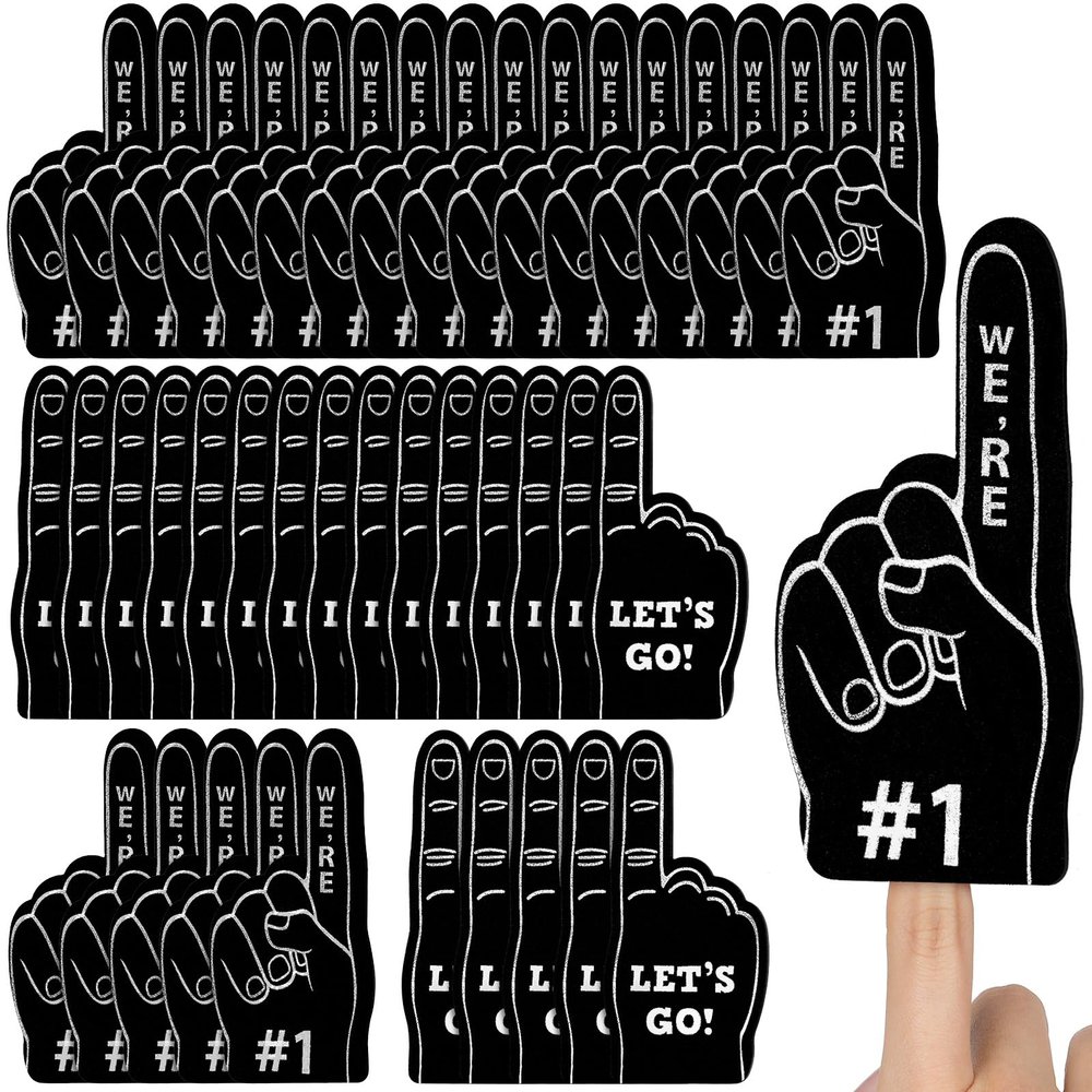 Sinmoe 48 Pieces Sport Party Favors Fan Foam Finger Mini #1 Basketball Baseball Football Soccer Team Cheerleader Gifts for Sporting Events Games Birthday Supplies(Black)