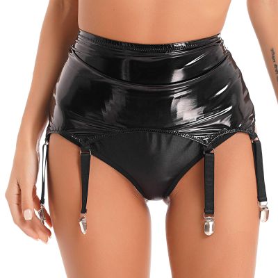 Moily Womens High Waist Shiny Leather Mini Pencil Skirt Suspenders Stretch Bodycon with Garter Belt Black Small