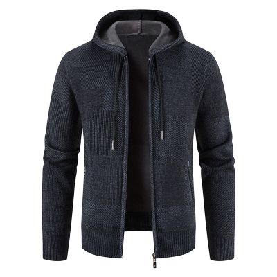 JEsilunmaMY Men's Hoodie Knitted Cardigan Sweater Zipper Long Sleeve Drawstring Hooded Sweaters Slim Fit Fleece Lined Outwear (Dark Blue,Large)