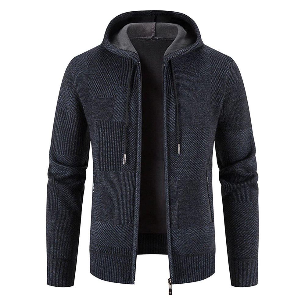 JEsilunmaMY Men's Hoodie Knitted Cardigan Sweater Zipper Long Sleeve Drawstring Hooded Sweaters Slim Fit Fleece Lined Outwear (Dark Blue,Large)