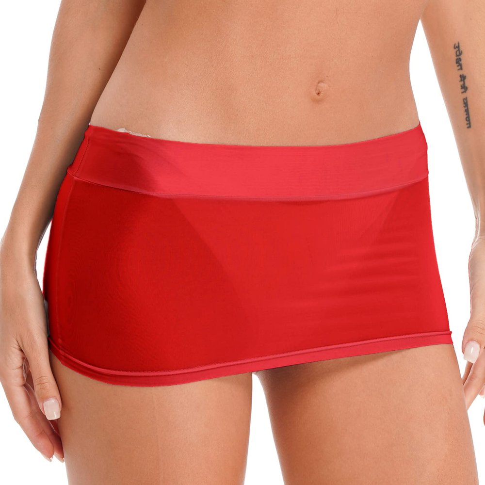 Linjinx Women's Oil Shiny Mini Skirt Gloosy Tight Low Waist Package Hip See Through Micro Skirt Type A Red One Size