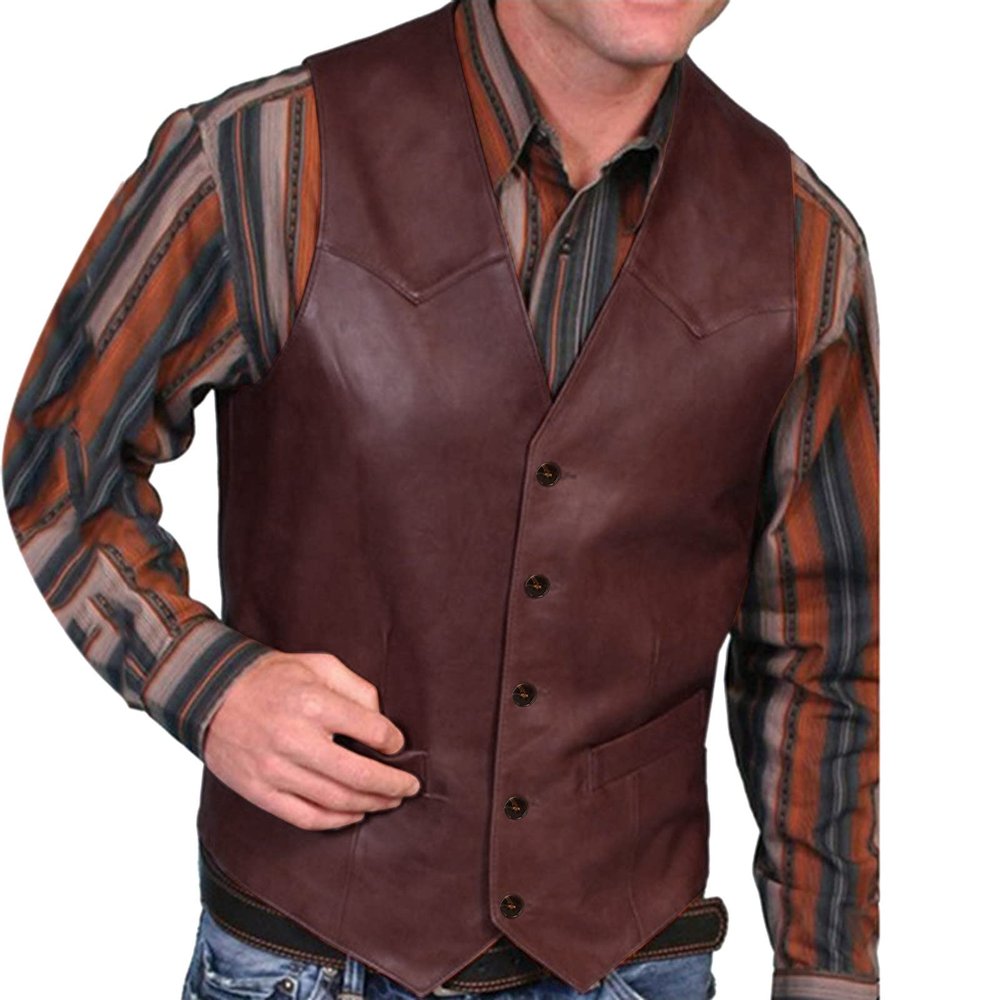 WABEOR Men's Vintage Faux Leather Vest Slim Fit Casual Single-Breasted Cowboy Suit Vest Retro Western Waistcoat with Pockets