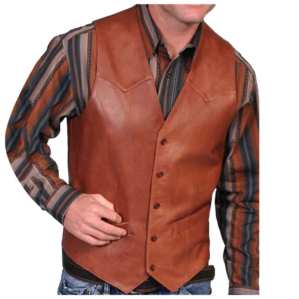 WABEOR Men's Vintage Faux Leather Vest Slim Fit Casual Single-Breasted Cowboy Suit Vest Retro Western Waistcoat with Pockets