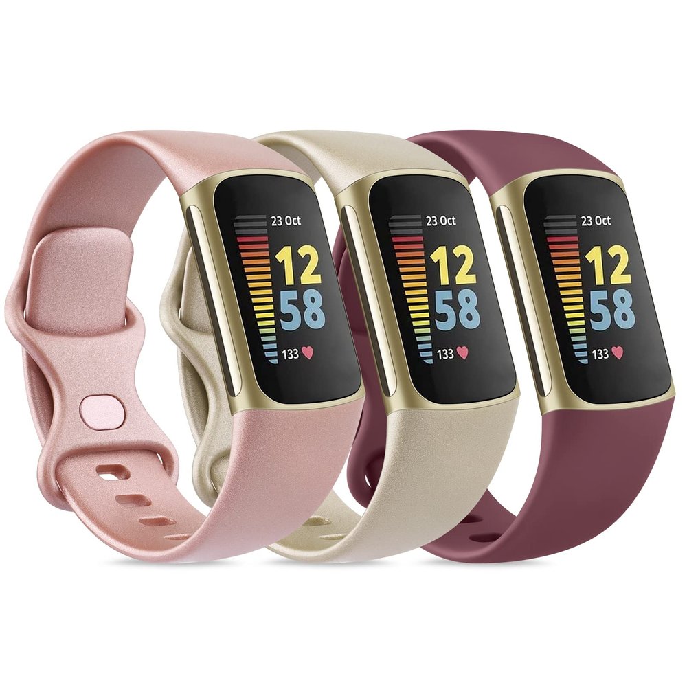 3 Pack Sport Bands Compatible with Fitbit Charge 5 Bands & Fitbit Charge 6 Bands, Classic Soft Wristbands for Fitbit Charge 5/6 Fitness Tracker (Small,Rose Gold/Champagne Gold/Wine Red)