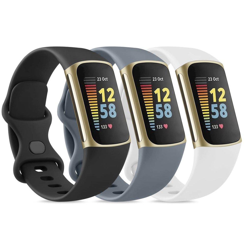 3 Pack Sport Bands Compatible with Fitbit Charge 5 Bands & Fitbit Charge 6 Bands, Classic Soft Wristbands for Fitbit Charge 5/6 Fitness Tracker (Small,Black/Blue Gray/White)