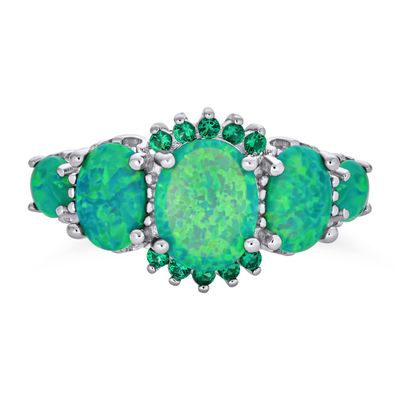 Bling Jewelry Gemstone 5 Stone Oval Green Created Opal Half Eternity Band Ring For Women .925 Sterling Silver Thin 1MM Band October Birthstone