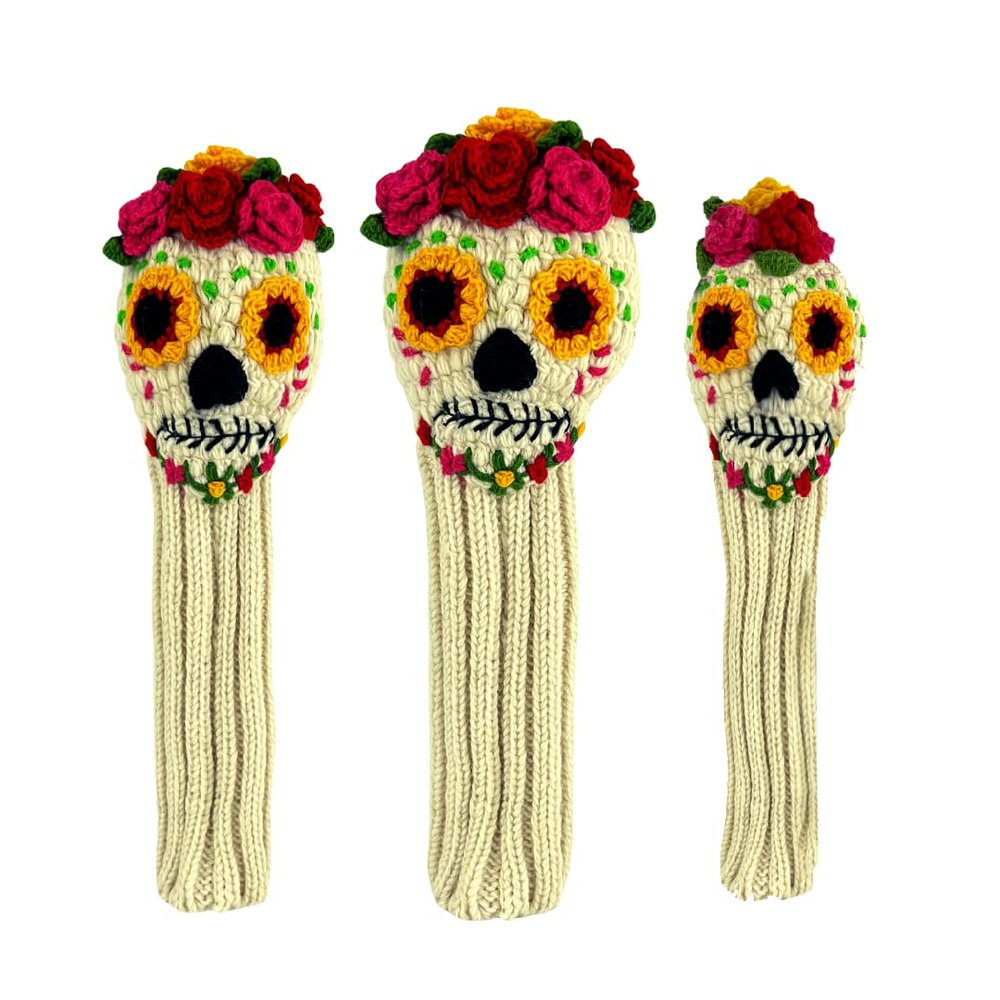 Sugar Skull Day of The Dead Knit Golf Club Headcover by Sunfish (3 Piece Set Driver Fairway Hybrid)