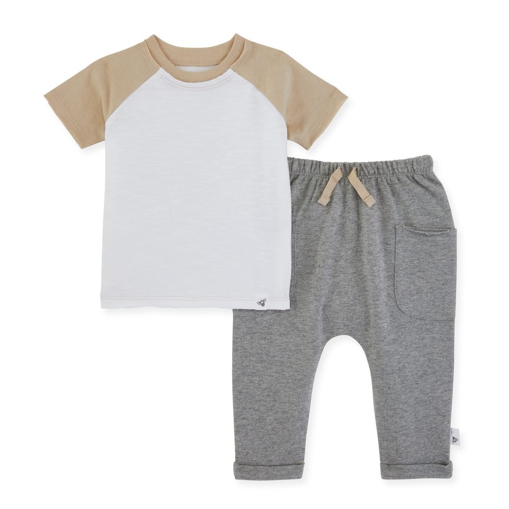 Burt's Bees Baby Boys Shirt Pant Set, Top & Bottom Outfit Bundle, 100% Organic And Toddler Layette Set, Cloud Jersey Slub, 3 Months US