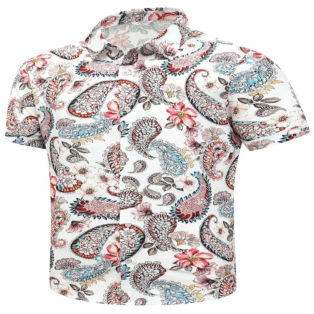 SheLucki Hawaiian Shirt for Men, Unisex Summer Beach Casual Short Sleeve Button Down Shirts, Printed Palmshadow Clothing Paisley White S