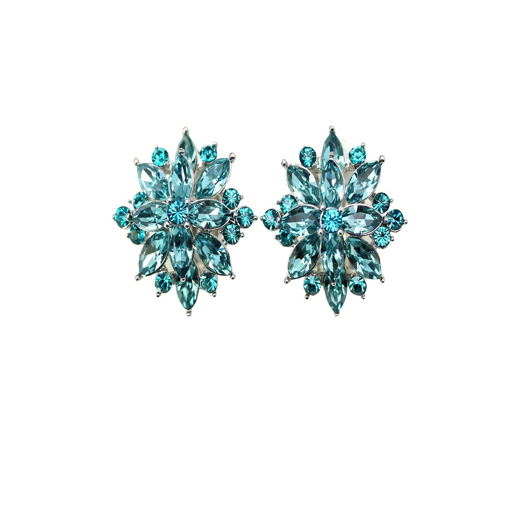 Faship Gorgeous Teal Rhinestone Crystal Clip On Earrings - Teal