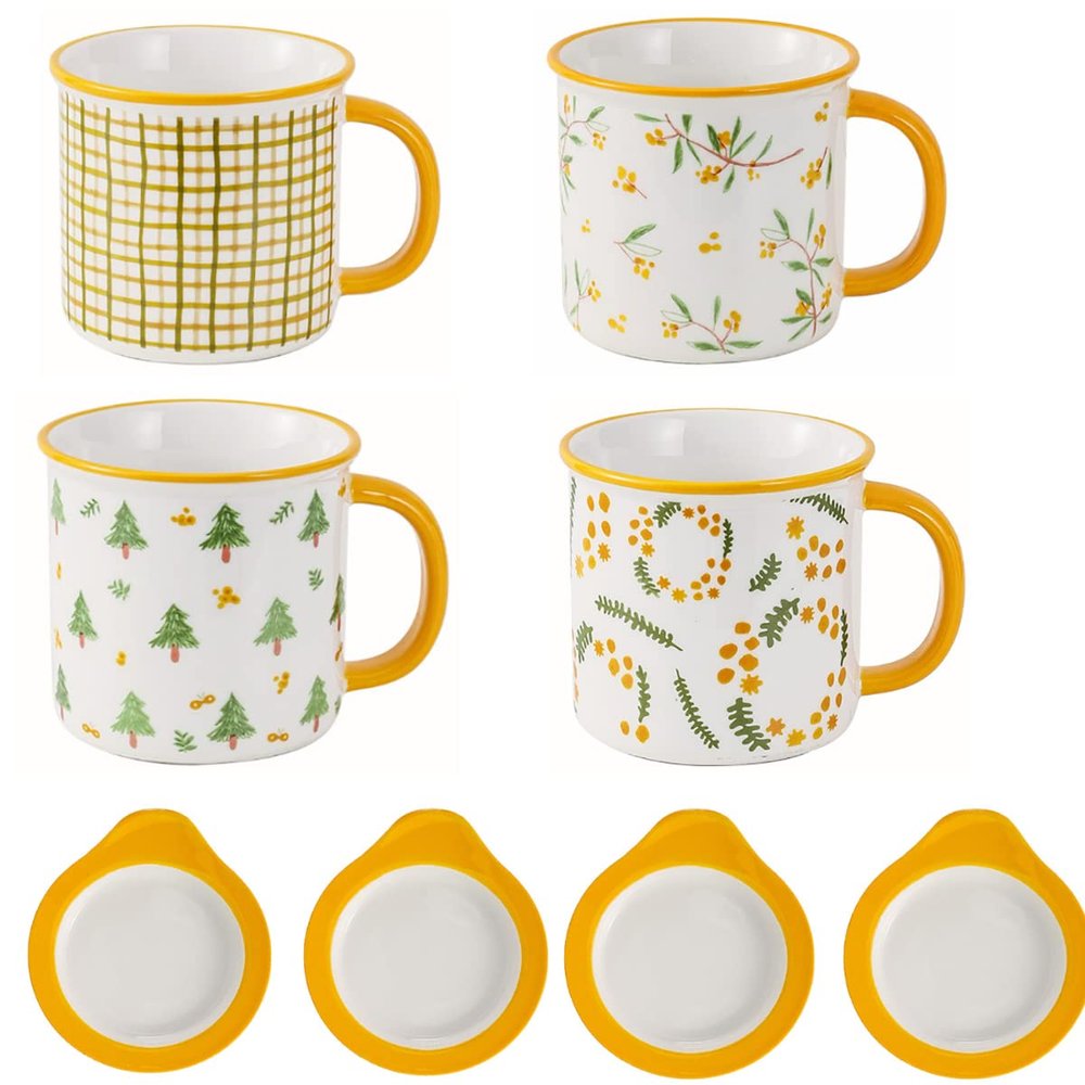 Enamel Travel Camping Mug Set of 4, Durable Thick Walled Camping Style Coffee Cup for Outdoor Home and Office (Yellow)