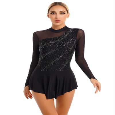 YiZYiF Womens Adult Figure Ice Skating Dress Long Sleeve Roller Skating Ballet Dance Dress Costume Black B Large