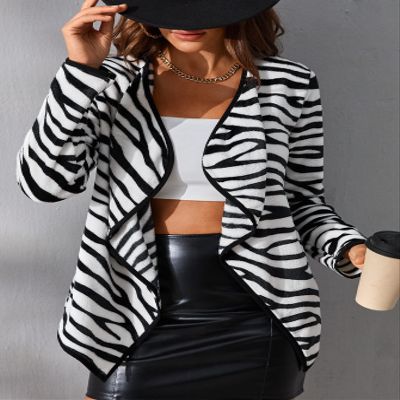 GLOPUK BOBONI Women's Jackets Autumn Zebra Striped Open Front Coat Lightweight Fashion (Color : Black and White, Size : Medium)