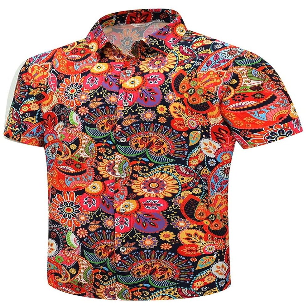 SheLucki Hawaiian Shirt for Men, Unisex Summer Beach Casual Short Sleeve Button Down Shirts, Printed Palmshadow Clothing Paisley Colorful M