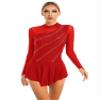YiZYiF Womens Adult Figure Ice Skating Dress Long Sleeve Roller Skating Ballet Dance Dress Costume Red B X-Large view 1