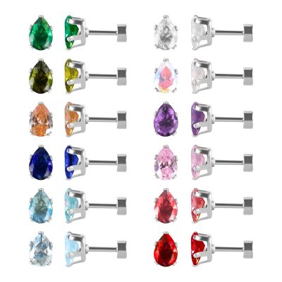 12 Pairs Surgical Stainless Steel Flat Back Stud Earrings,Screw Back Teardrop Square Cubic Zirconia Birthstone Stud Earrings Set for Women (Silver teardrop 5mm)
