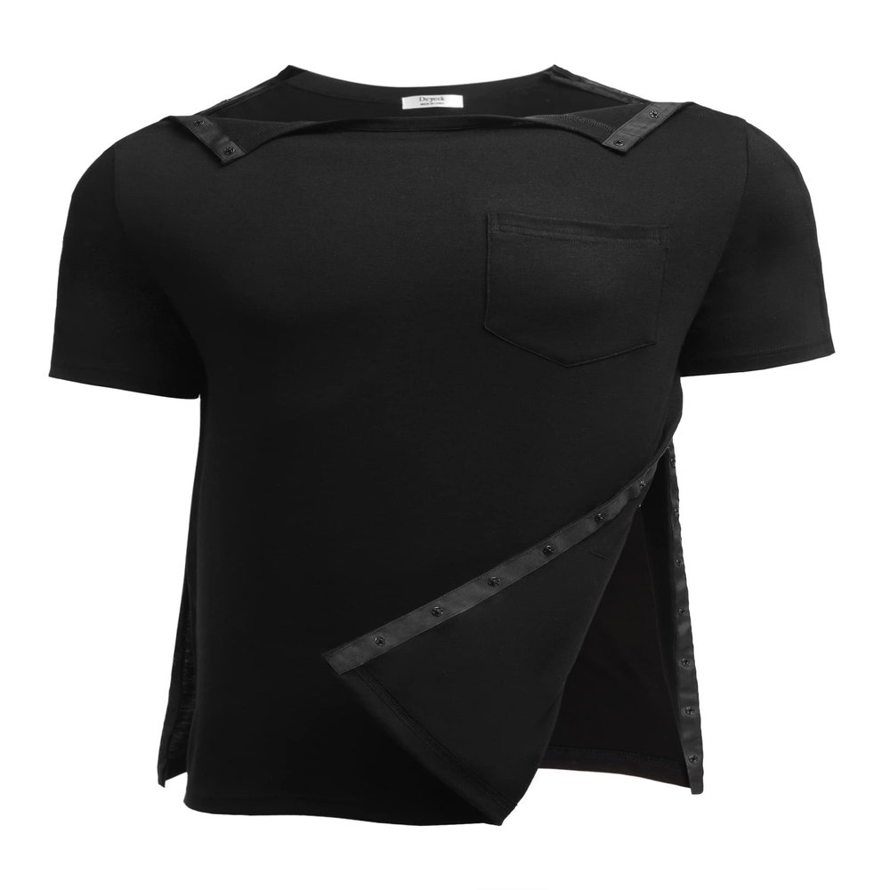Deyeek Shoulder Surgery Shirts for Men Tearaway Side Snap Short Sleeves Rotator Cuff Dialysis Recovery Chemo Shirts Black