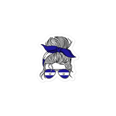 El Salvador Flag Messy Bun Hair with Sunglasses Bandana Vinyl Sticker Mom Life Country Salvadoran Woman Mom Girls Decorations - Laptop Decal, Water Bottle Sticker