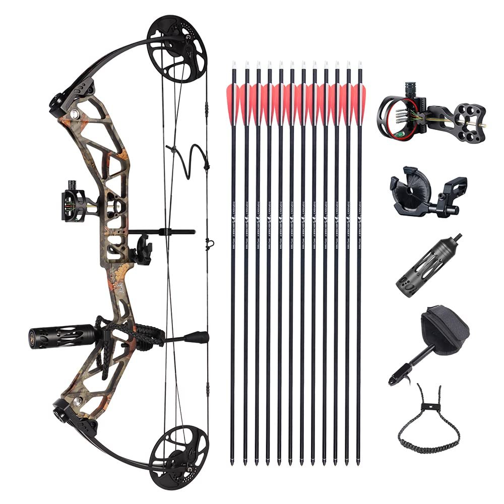 Compound Bow and Arrow Kit with All Accessory,CNC Milling Riser,USA Gordon Composites Limb,BCY String,19"-30" Draw Length,19-70Lbs Draw Weight,IBO 320fps for Hunting & Target (Camo)