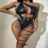 Women's Sexy Snakeskin One Shoulder Swimsuit Bandage Hollow Out Bathing Suit Swimwear with Leg Wrap Metallic Rave Outfits view 4