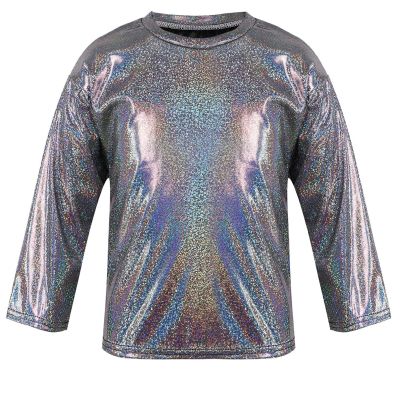 ZUYPSK Kids Boys Girls Shiny Metallic Loose T-Shirt Long Sleeve Tops for Stage Performance Party Costume Dancewear (Black, 4-5)