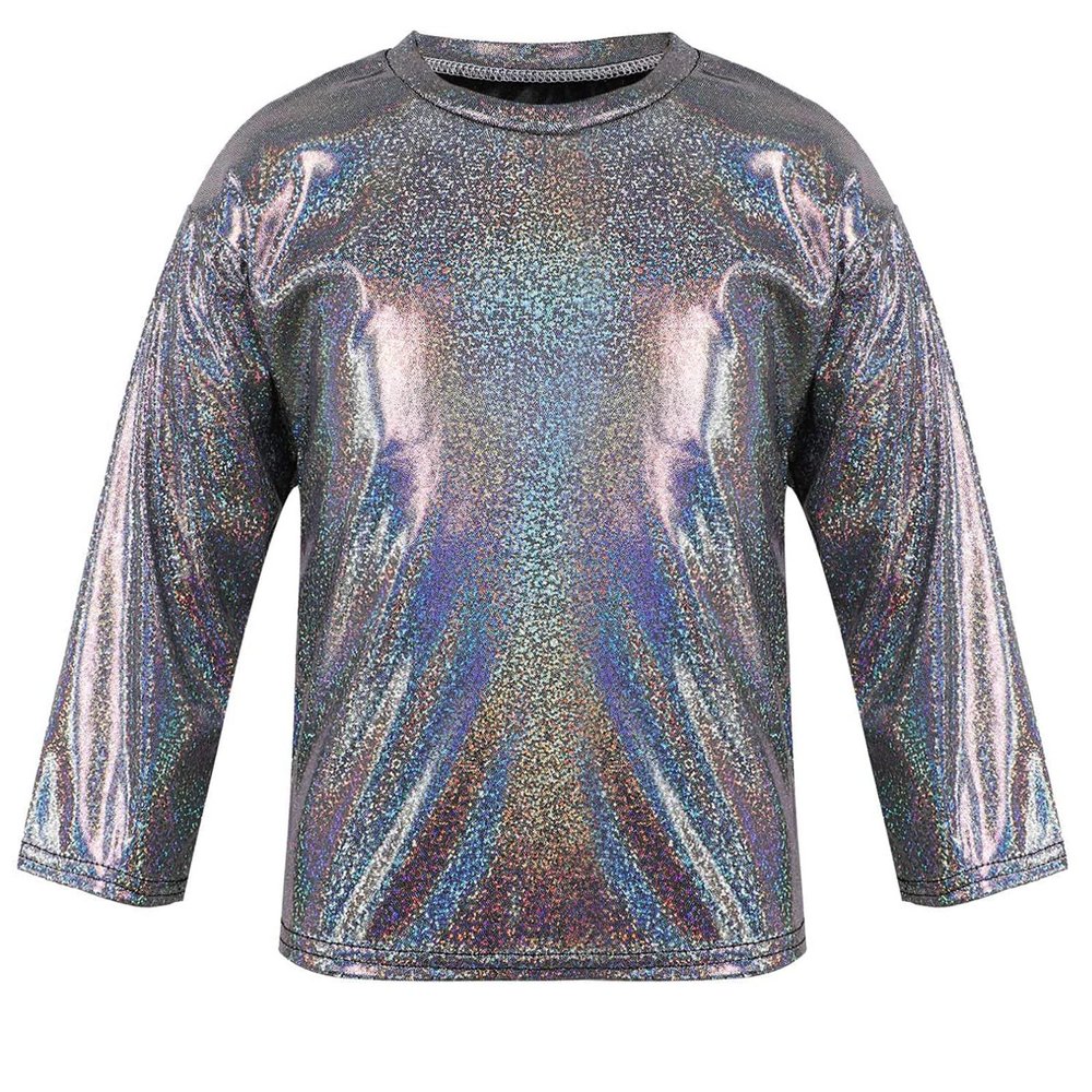 ZUYPSK Kids Boys Girls Shiny Metallic Loose T-Shirt Long Sleeve Tops for Stage Performance Party Costume Dancewear (Black, 4-5)
