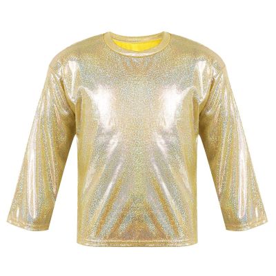 ZUYPSK Kids Boys Girls Shiny Metallic Loose T-Shirt Long Sleeve Tops for Stage Performance Party Costume Dancewear (Gold, 4-5)