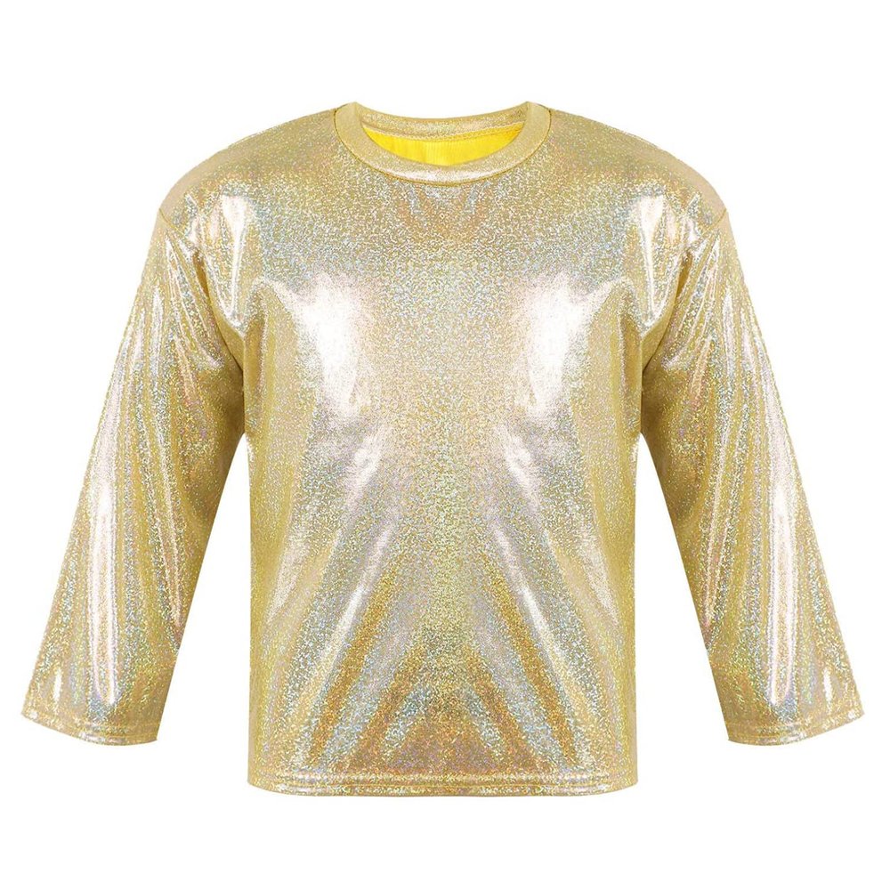 ZUYPSK Kids Boys Girls Shiny Metallic Loose T-Shirt Long Sleeve Tops for Stage Performance Party Costume Dancewear (Gold, 4-5)