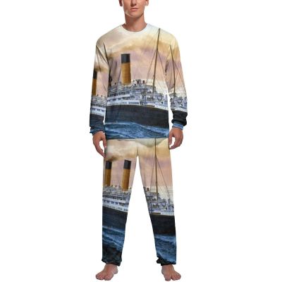 Retro Titanic Famous Old Historic Men's Pajama Set Long Sleeve Pullover Sleepwear Soft Loung Set Pjs for Home Travel M