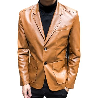 JEsilunmaMY Men's Pu Leather Blazer Jacket 2 Button Notched Collar Bomber Jackets Slim Fit Fall Winter Lightweight Outwear (Khaki,XX-Large)