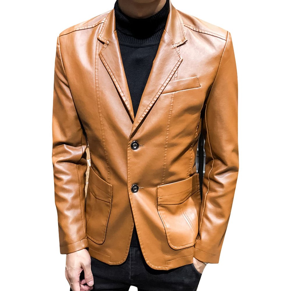 JEsilunmaMY Men's Pu Leather Blazer Jacket 2 Button Notched Collar Bomber Jackets Slim Fit Fall Winter Lightweight Outwear (Khaki,XX-Large)