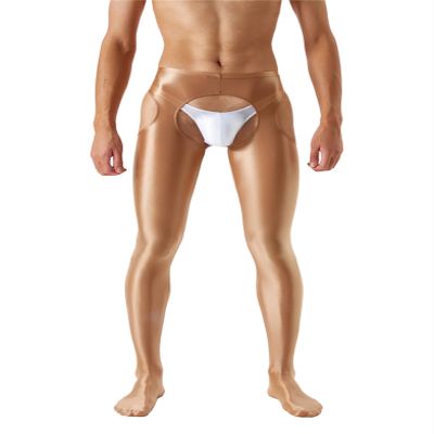 Daenrui Men's Shiny Ice Silk Pantyhose Suspender Stockings Hollow Out Footed Tight Leggings Pants Coffee Large