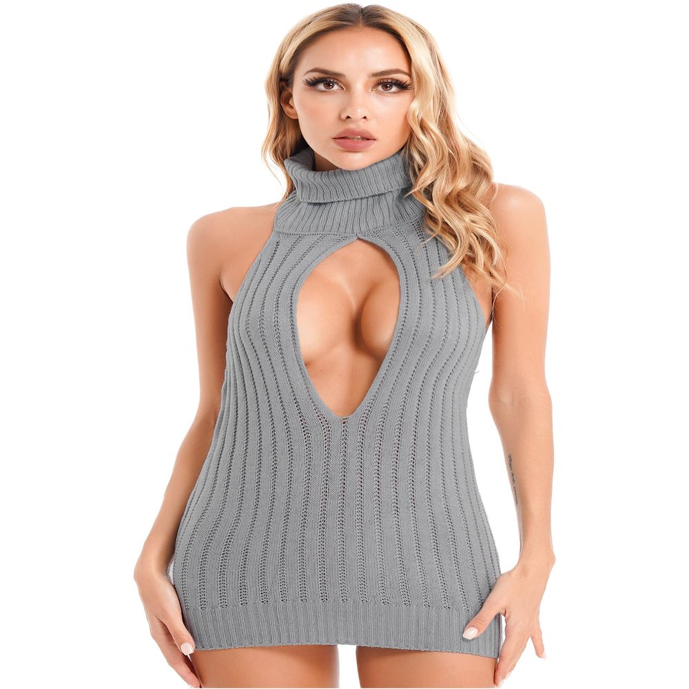 easyforever Women's Sexy Lingerie Anime Cosplay Virgin Killer Sweater Nightdress Hollow Out Dress Grey One Size