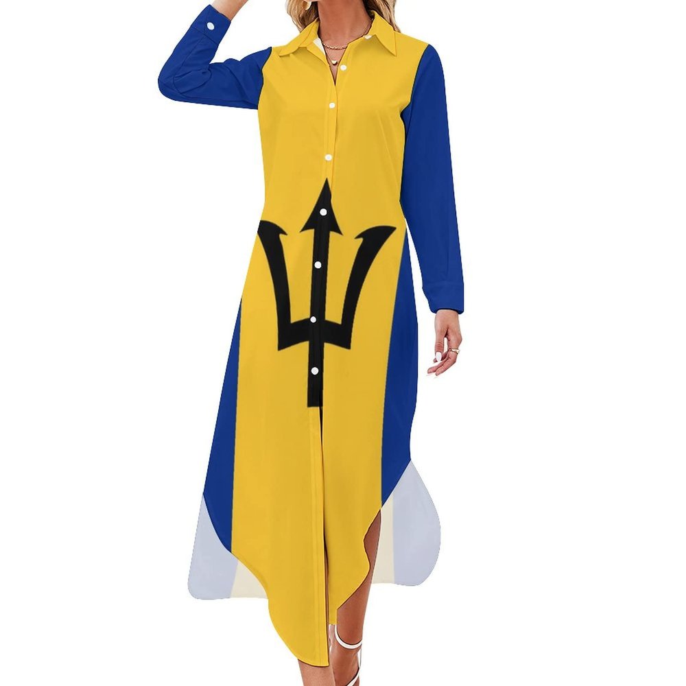 Flag of Barbados Women's Shirt Midi Dress Long Sleeve Button Down Maxi Midi Dress Print
