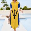 Flag of Barbados Women's Shirt Midi Dress Long Sleeve Button Down Maxi Midi Dress Print view 3
