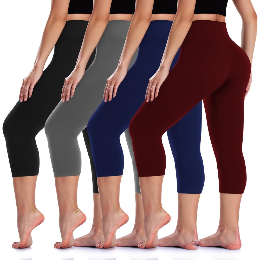 4 Pack Capri Leggings for Women L-XL High Waisted Tummy Control Butt Lifting Soft Workout No See-Thru Yoga Pants Workout Running Athletic 3/4 Black Red Blue Grey Capris Seniors Summer Tights