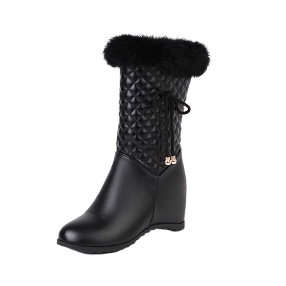 Women Solid Color Short Boots Inner Height Waterproof Winter Boots Fuzzy Plush Fluffy Lined Side Zipper Warm Snow Booties