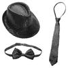 renvena Kids Boys Girls Sequins Dancing Accessories Adjustable Necktie + Pre-tied Bowtie + Fedora Hat Black One Size view 1