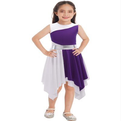 Kvysinly Girls Sleeveless Color Block Asymmetrical Praise Lyrical Dance Dress Gymnastics Ballet Leotard Dress Dancewear Purple 6 Years