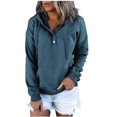 PBNBP Long Sleeve Solid Color Hoodies for Teen Girls Buttons Kangaroo Pockets Hooded Basic Fall Tops Pullover Daily Wear Loose Fit Sweatshirts Sudaderas