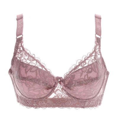 Deep V Bras Sexy Thin lace Cup Surface Ultra Thin Lining Breathable New Perspective Bra Embroidery Floral Bralette Plus Size (Size : 42C, Color : Purple)