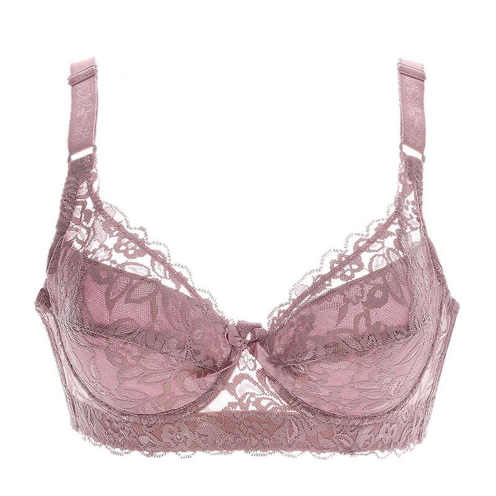 Deep V Bras Sexy Thin lace Cup Surface Ultra Thin Lining Breathable New Perspective Bra Embroidery Floral Bralette Plus Size (Size : 42C, Color : Purple)