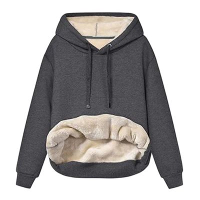 Womens Casual Winter Warm Fleece Sherpa Lined Hoodies Solid Crewneck Hooded Sweatshirts Thick Pullover Jumper Tops Dark Gray