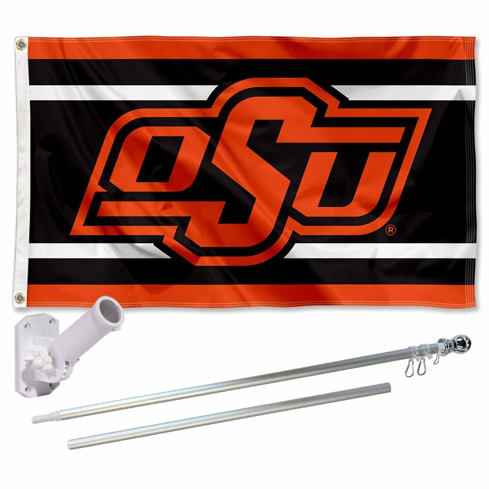 College Flags & Banners Co. Oklahoma State Cowboys OSU Stripes Flag with Pole and Bracket Holder University Set