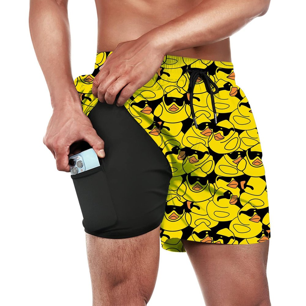 Wdpsuxin Men's Swim Trunks,Quick Dry Beach Rubber Duck Bathing Suit Workout Running Shorts with Compression Liner and Pockets Xx-Large