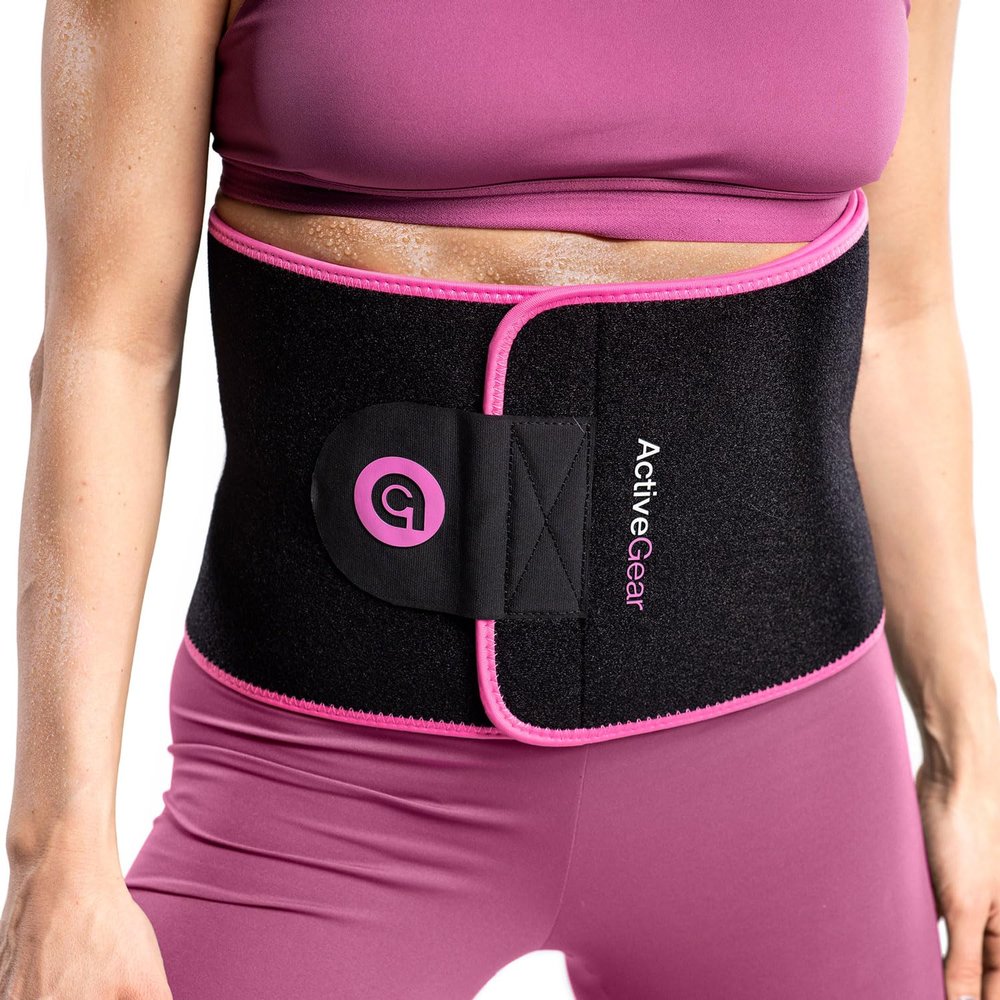 ActiveGear Waist Trainer for Women & Men - Sweat Band Waist Trimmer Belt for a Toned Look - Reinforced Trim and Hook & Loop Closure (Pink Hem, Large: 9 x 46)