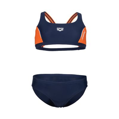 ARENA Feel Girls' Junior Thrice Two-Piece Swimsuit Racer Back Top Waterfeel Comfortable Suit Pool or Beach, US Size 22, Navy/Mango/White